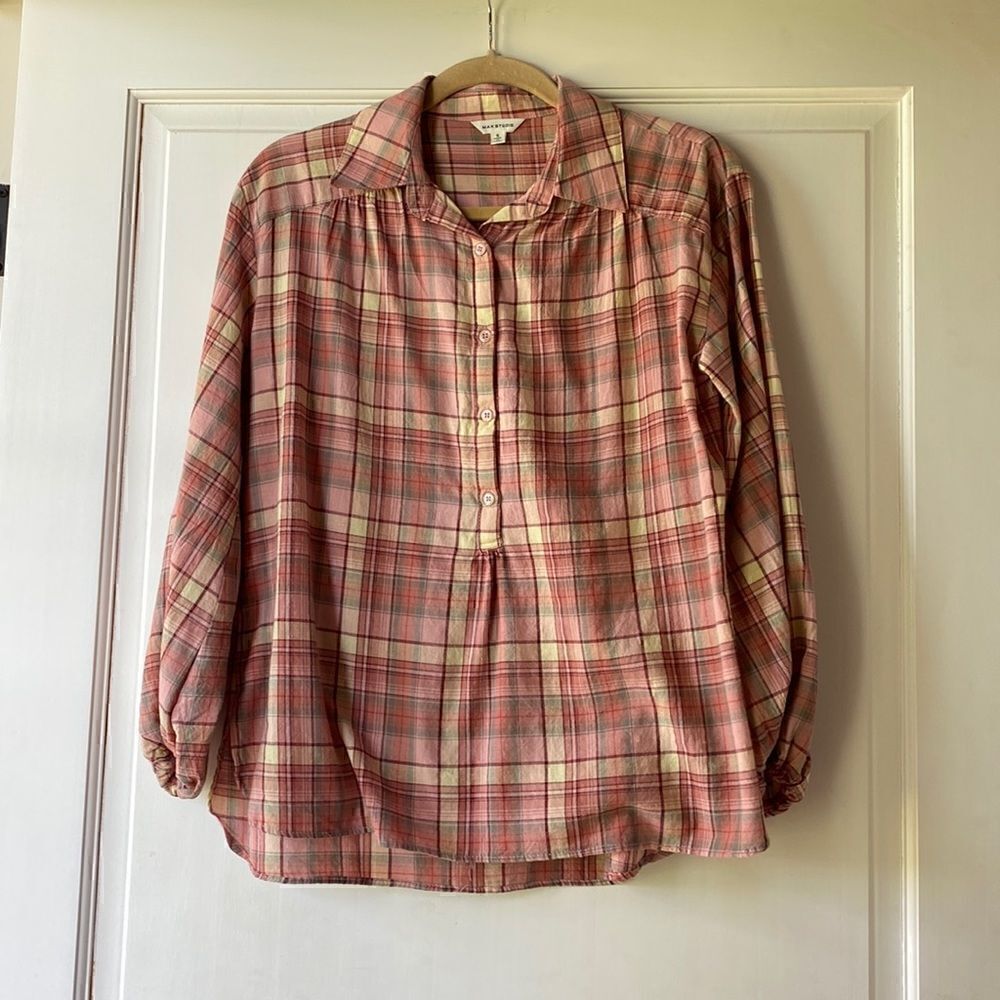 Pretty Plaid Popover Cotton Button Front Top By Max Studio